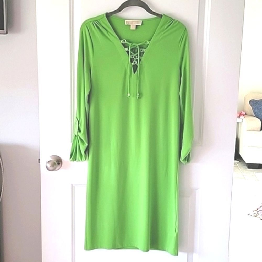 Michael Kors Lime Green V-Neck Stretchy Casual Dress - Size Small